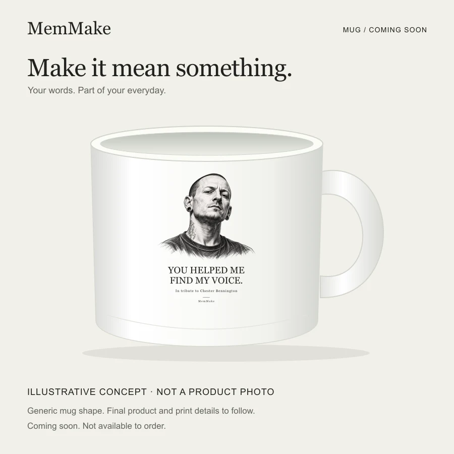 Illustrative mug concept with a portrait and personal words; not a product photo; coming soon, not available to order.