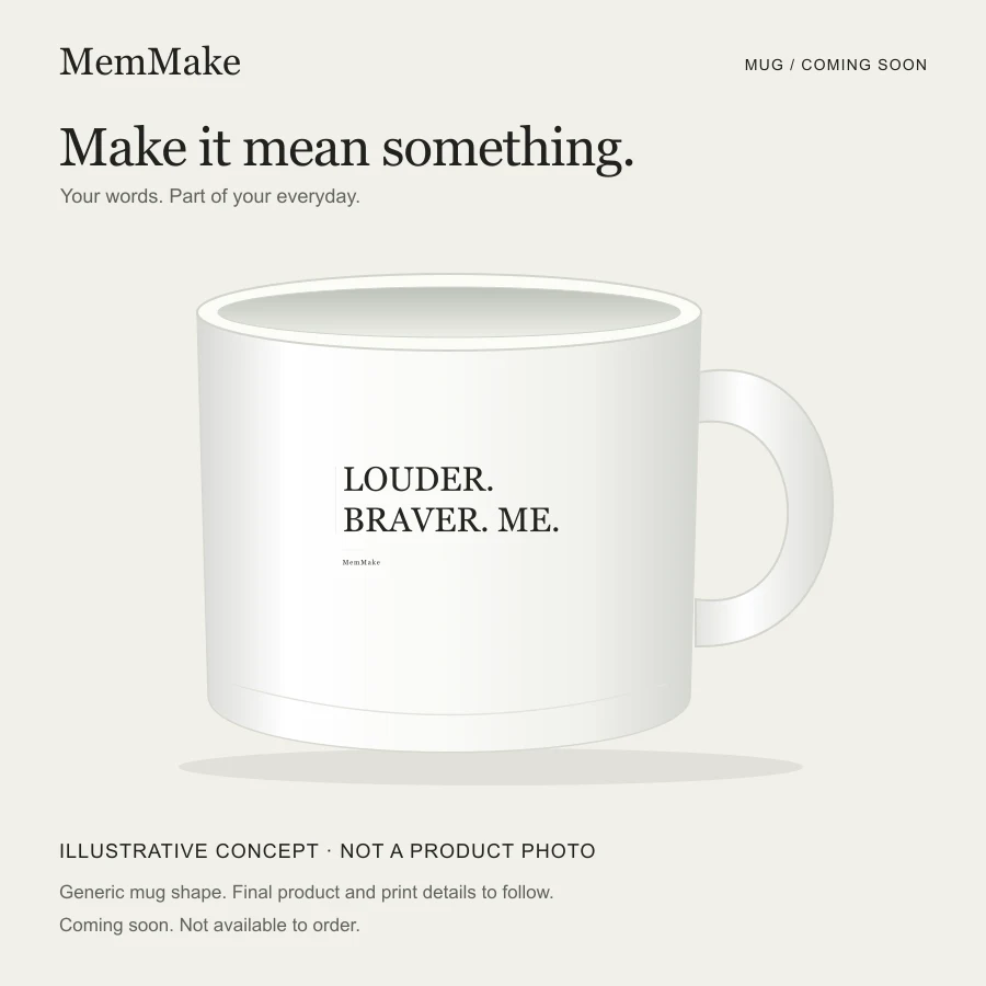 Illustrative mug concept with personal words; not a product photo; coming soon, not available to order.