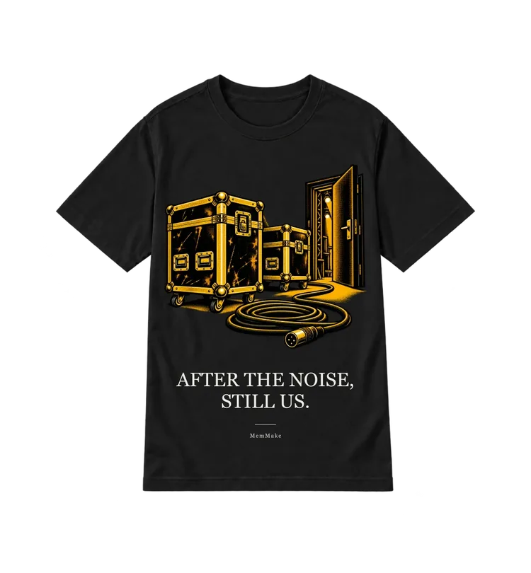 Black Everyday Tee digital mockup, After the noise, words: AFTER THE NOISE, / STILL US.