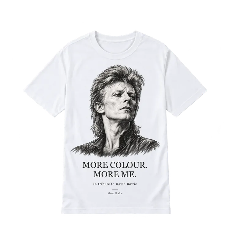 White Everyday Tee digital mockup, More colour, words: MORE COLOUR. / MORE ME.