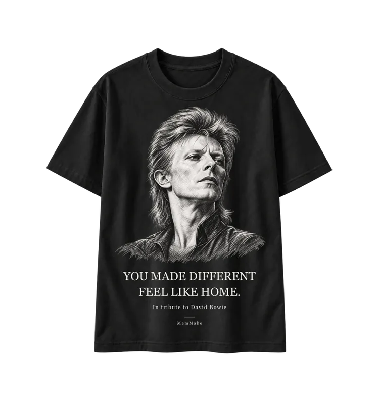 Black Heavyweight Tee digital mockup, Different feels like home, words: YOU MADE DIFFERENT / FEEL LIKE HOME.