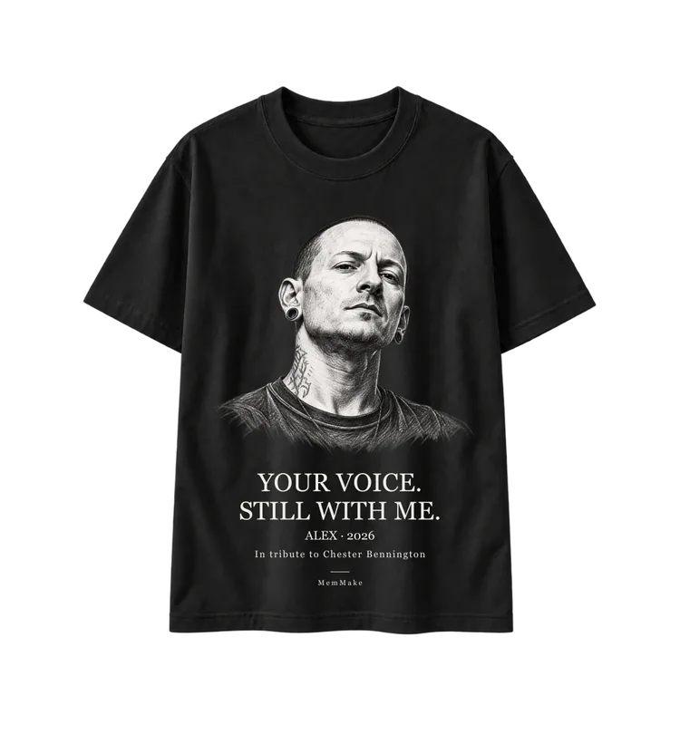 Black Heavyweight Tee digital mockup, Still with me, words: YOUR VOICE. / STILL WITH ME., name line: ALEX · 2026