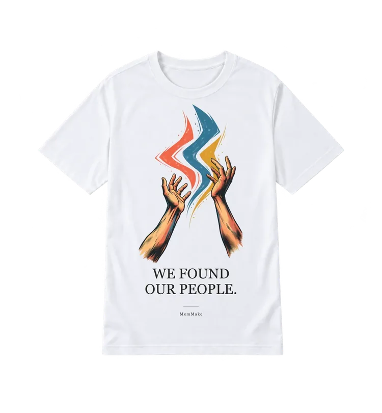 White Everyday Tee digital mockup, Our people, words: WE FOUND / OUR PEOPLE.