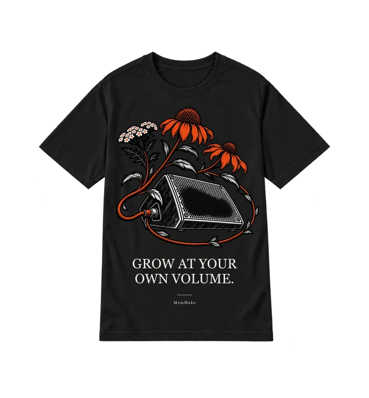 Black Everyday Tee digital mockup, Your own volume, words: GROW AT YOUR / OWN VOLUME.