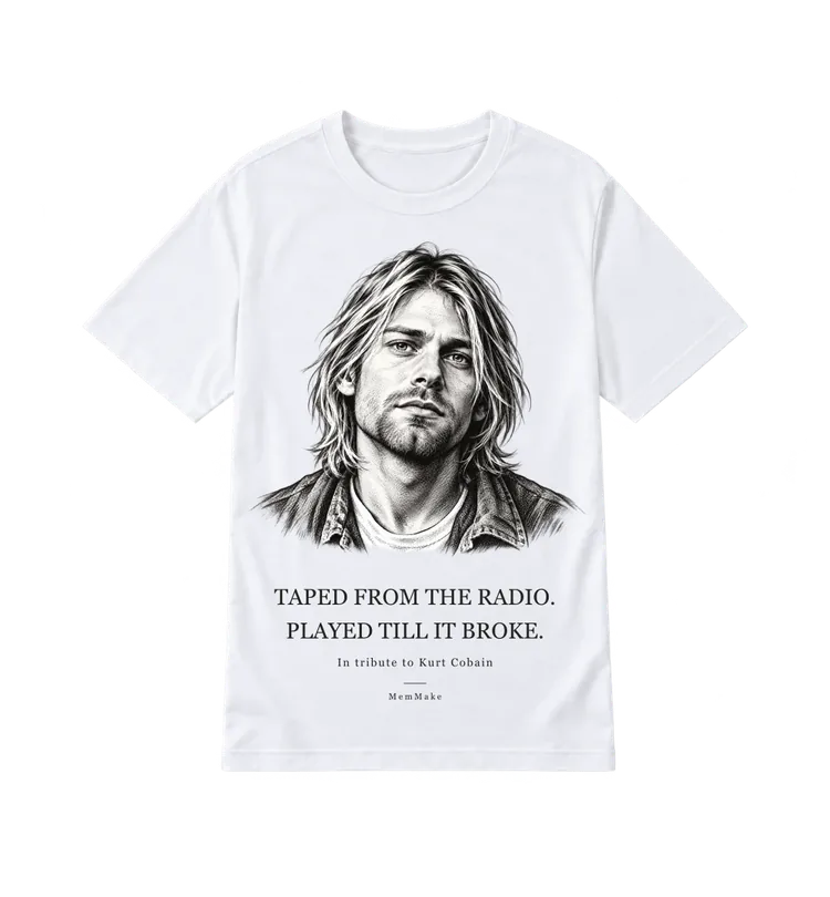White Everyday Tee digital mockup, Radio memories, words: TAPED FROM THE RADIO. / PLAYED TILL IT BROKE.