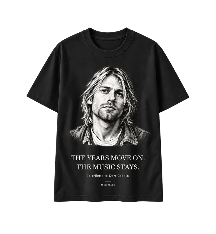 Black Heavyweight Tee digital mockup, The music stays, words: THE YEARS MOVE ON. / THE MUSIC STAYS.