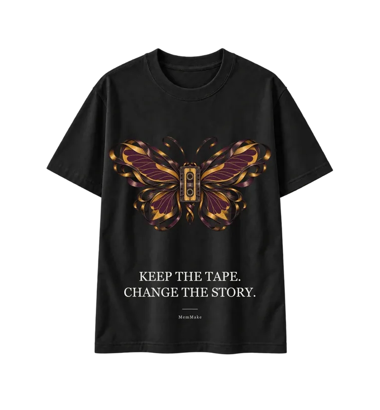 Black Heavyweight Tee digital mockup, Change the story, words: KEEP THE TAPE. / CHANGE THE STORY.