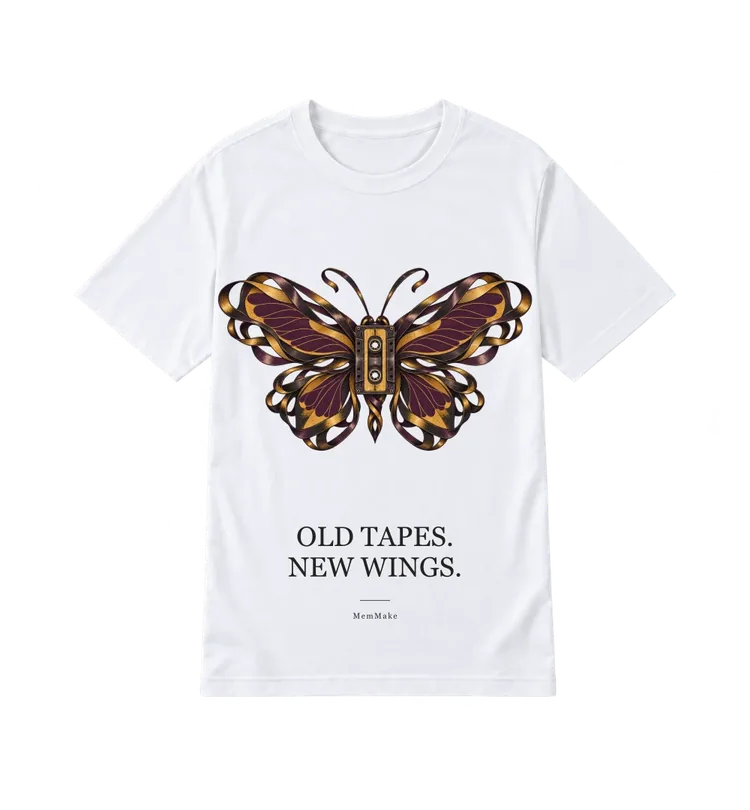 White Everyday Tee digital mockup, New wings, words: OLD TAPES. / NEW WINGS.