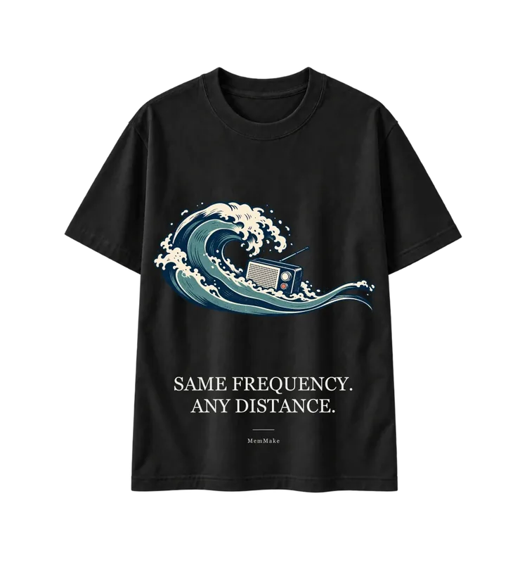 Black Heavyweight Tee digital mockup, Any distance, words: SAME FREQUENCY. / ANY DISTANCE.